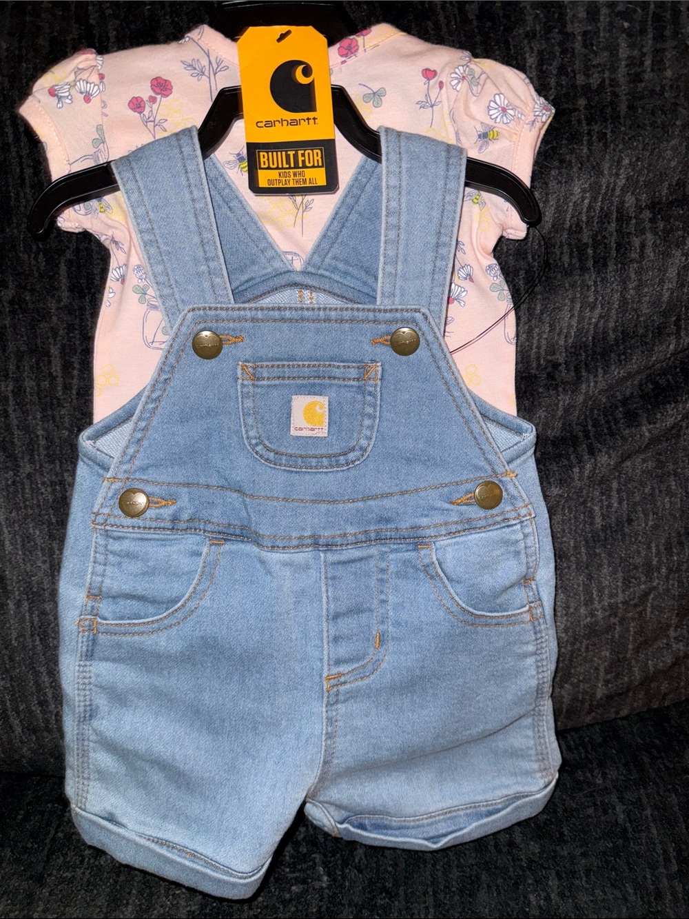 Carhartt 6month girls denim overalls & short sleeve bee bodysuit set New